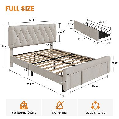 Upholstered Platform Bed Frame with Storage Drawers, Plain Wooden Slats, No Box Spring Needed