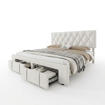 Upholstered Platform Bed Frame with Storage Drawers, Plain Wooden Slats, No Box Spring Needed