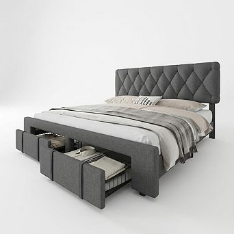 Upholstered Platform Bed Frame with Storage Drawers, Plain Wooden Slats, No Box Spring Needed
