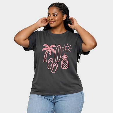 Beach Elements Outline - Women's Plus Sized Garment Dyed Graphic T-Shirt