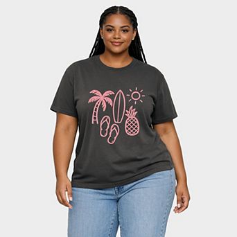 Beach Elements Outline - Women's Plus Sized Garment Dyed Graphic T-Shirt