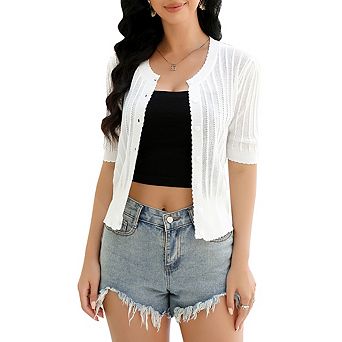 Women's Short Sleeve Ribbed Knit Cardigan, Crew Neck Button Down Casual Slim Fit Cropped Sweater