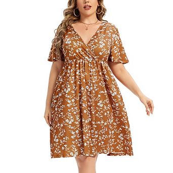 Women's Plus Size Floral Print Mini Dress. V-Neck Short Sleeve High Waist Casual Dress with Pocket