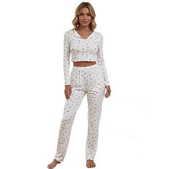 Womens 2 pc Floral Pajamas Set Button Down Cute Long Sleeve Wide Leg Soft Pjs Loungewear