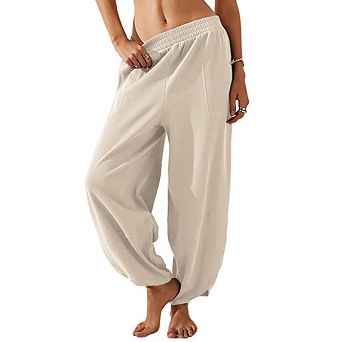 Women's Elastic Waist Cropped Barrel Pants Casual Wide Leg Lounge Trousers