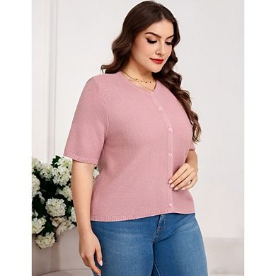 Women's Plus Size Short Sleeve Knit Cardigan, Crew Neck Button Down Casual Sweater Top
