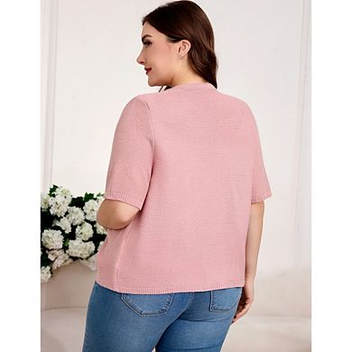 Women's Plus Size Short Sleeve Knit Cardigan, Crew Neck Button Down Casual Sweater Top