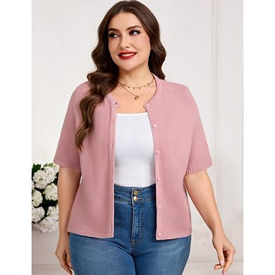 Women's Plus Size Short Sleeve Knit Cardigan, Crew Neck Button Down Casual Sweater Top