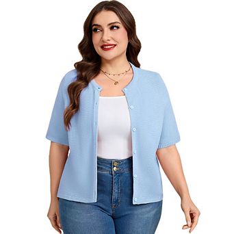 Women's Plus Size Short Sleeve Knit Cardigan, Crew Neck Button Down Casual Sweater Top