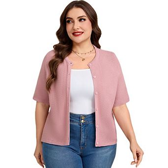 Women's Plus Size Short Sleeve Knit Cardigan, Crew Neck Button Down Casual Sweater Top