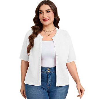Women's Plus Size Short Sleeve Knit Cardigan, Crew Neck Button Down Casual Sweater Top