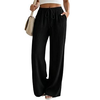Women's Wide Leg Pants Drawstring Elastic Waist Casual Trousers with Pockets