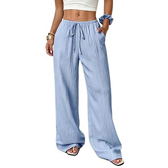 Women's Wide Leg Pants Drawstring Elastic Waist Casual Trousers with Pockets