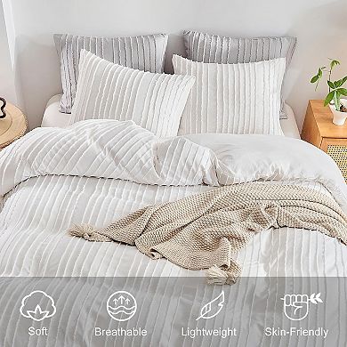 Boho Duvet Cover Set Queen Size, Striped Textured Tufted Bedding Set, 3 Pcs Ultra Soft Washed