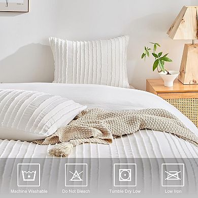 Boho Duvet Cover Set Queen Size, Striped Textured Tufted Bedding Set, 3 Pcs Ultra Soft Washed