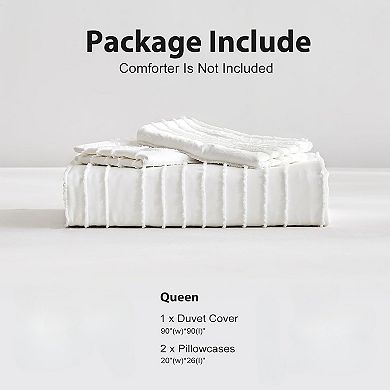 Boho Duvet Cover Set Queen Size, Striped Textured Tufted Bedding Set, 3 Pcs Ultra Soft Washed