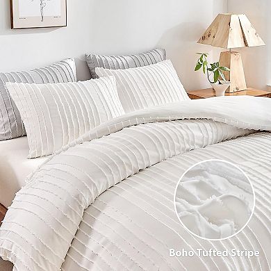 Boho Duvet Cover Set Queen Size, Striped Textured Tufted Bedding Set, 3 Pcs Ultra Soft Washed