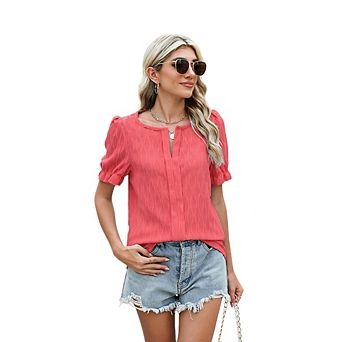 Women's Textured Puff Sleeve Blouse V-Neck Casual T-Shirt Loose Fit Short Sleeve Top