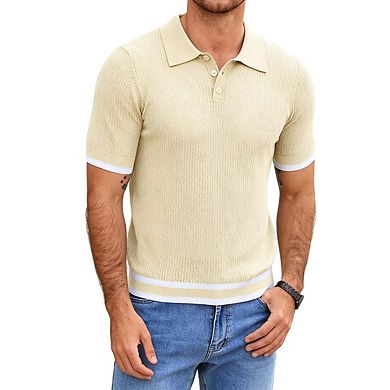 Mens Short Sleeve Knit Polo Shirt Contrast Trim Textured Tops