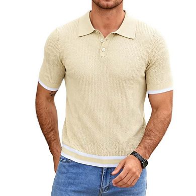 Mens Short Sleeve Knit Polo Shirt Contrast Trim Textured Tops