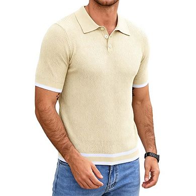 Mens Short Sleeve Knit Polo Shirt Contrast Trim Textured Tops