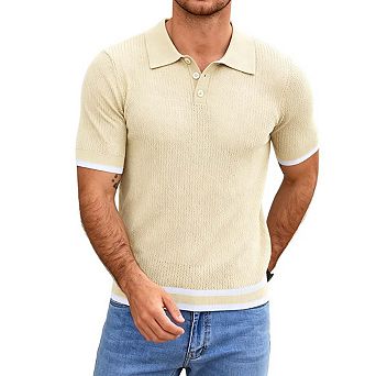 Mens Short Sleeve Knit Polo Shirt Contrast Trim Textured Tops
