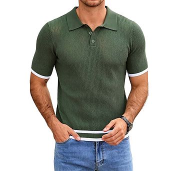 Mens Short Sleeve Knit Polo Shirt Contrast Trim Textured Tops