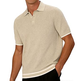 Mens Short Sleeve Knit Polo Shirt Contrast Trim Textured Tops