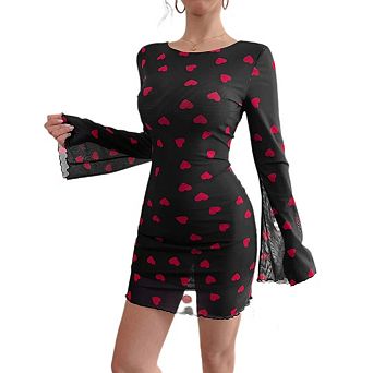 Women's Mesh Bell Sleeve Party Clubwear Bodycon Mini Dress