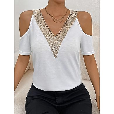 Women's Cold Shoulder T-Shirt, Lace V-Neck Short Sleeve Casual Top