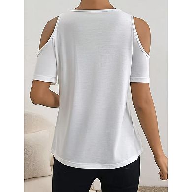 Women's Cold Shoulder T-Shirt, Lace V-Neck Short Sleeve Casual Top