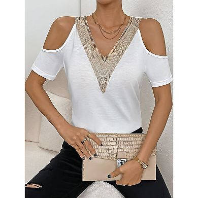 Women's Cold Shoulder T-Shirt, Lace V-Neck Short Sleeve Casual Top