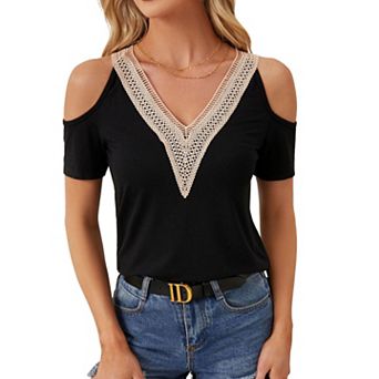 Women's Cold Shoulder T-Shirt, Lace V-Neck Short Sleeve Casual Top