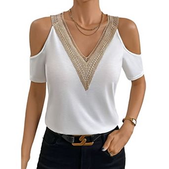 Women's Cold Shoulder T-Shirt, Lace V-Neck Short Sleeve Casual Top