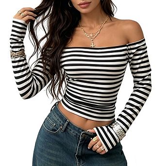 Women Off-Shoulder Striped Long Sleeve Tee Slim Casual Knit Top