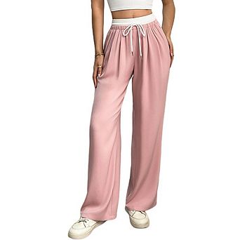 Women's Color Block Drawstring High Waist Wide Leg Pants, Casual Trousers with Elastic Waistband
