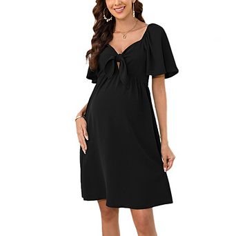 Women's Maternity Tie Front Dress Square Neck Flounce Sleeve Smocked Back Casual Mini Dress
