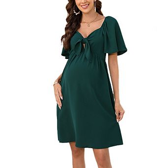 Women's Maternity Tie Front Dress Square Neck Flounce Sleeve Smocked Back Casual Mini Dress