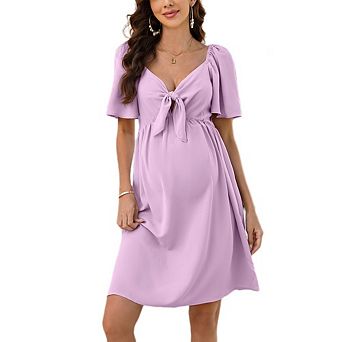 Women's Maternity Tie Front Dress Square Neck Flounce Sleeve Smocked Back Casual Mini Dress