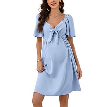 Women's Maternity Tie Front Dress Square Neck Flounce Sleeve Smocked Back Casual Mini Dress
