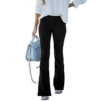 Women's High Waist Corduroy Pants, Elastic Waist Slim Fit Bell Bottom Trousers