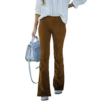 Women's High Waist Corduroy Pants, Elastic Waist Slim Fit Bell Bottom Trousers