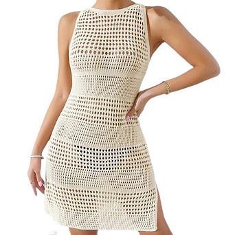 Women's Crochet Bathing Suit Sleeveless Hollow Out Open Back Side Slit Swim Coverups