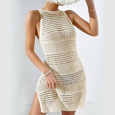 Women's Crochet Bathing Suit Sleeveless Hollow Out Open Back Side Slit Swim Coverups