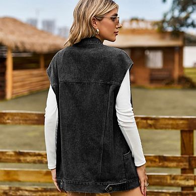 Women's Mid Long Jean Sleeveless Jackets Distressed Button Down Denim Vest