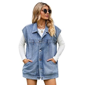 Women's Mid Long Jean Sleeveless Jackets Distressed Button Down Denim Vest
