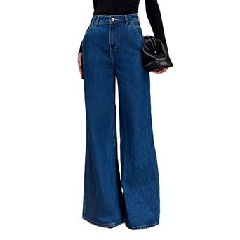 Women's High Waist Wide Leg Jeans Retro Causal Wash Flare Denim Pants with Pockets