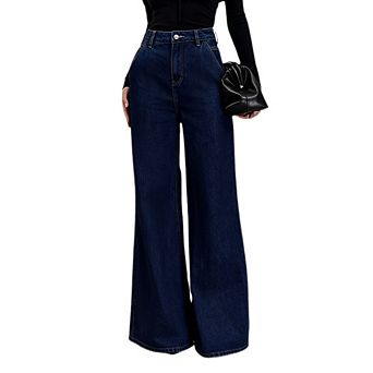 Women's High Waist Wide Leg Jeans Retro Causal Wash Flare Denim Pants with Pockets
