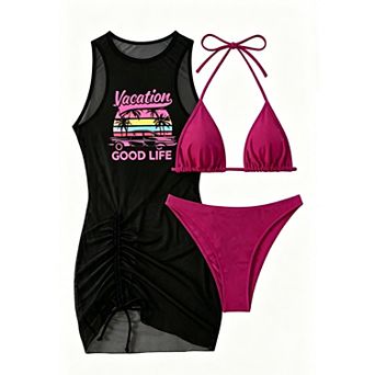Women 3 pc Swimsuit with Mesh Cover Up Dress Ruched Drawstring Beach Dress