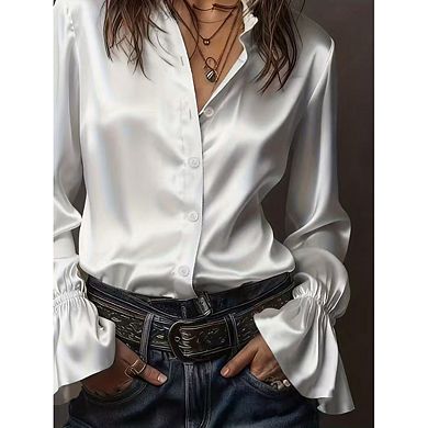 Women's Satin Button-Down Blouse, Ruffle Collar Bell Sleeve Dress Shirt